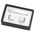 Shiny 2 Tone Silver Metal Cufflinks w/ Matching Tie Clip